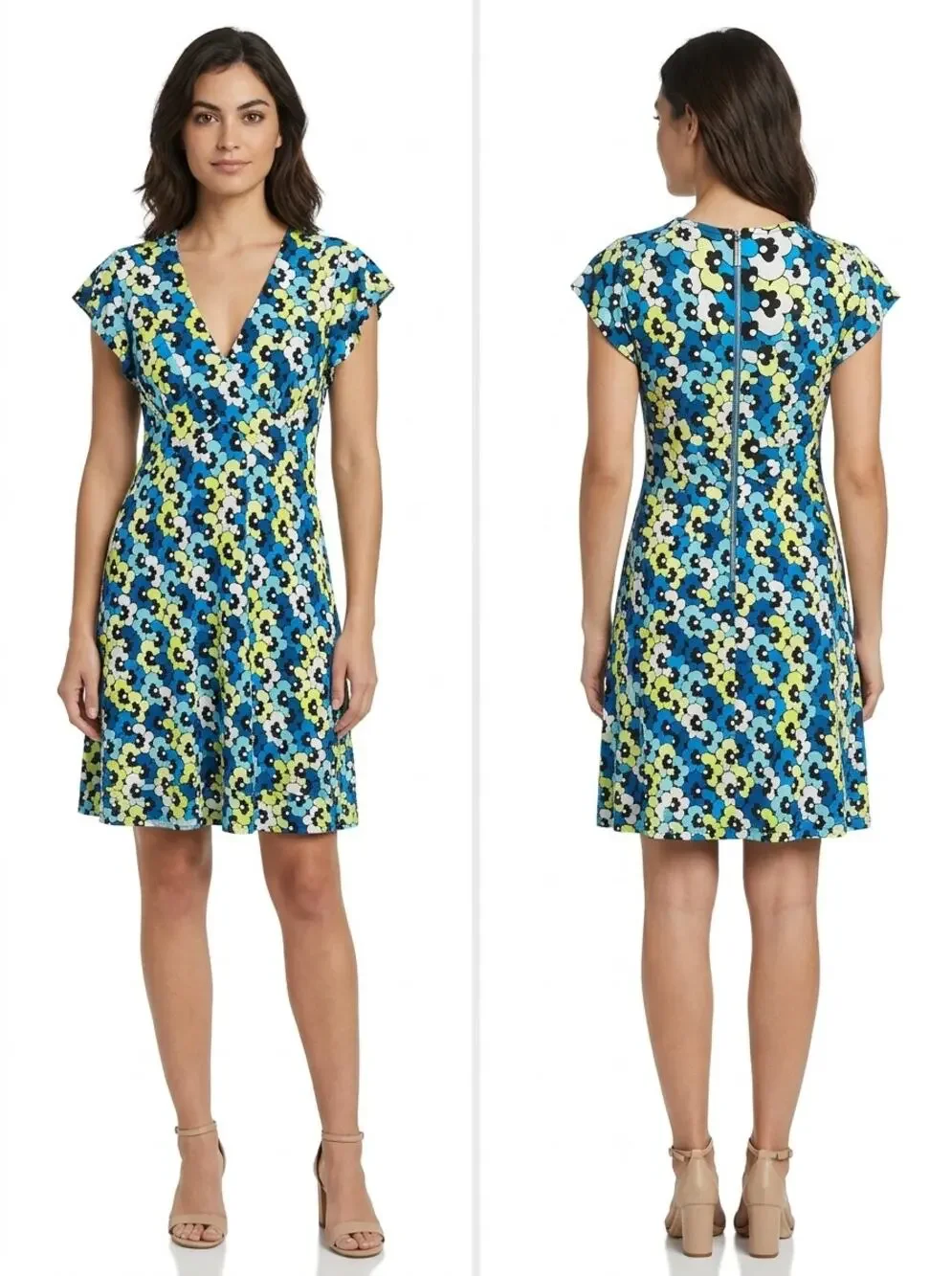 Michael Kors Blue Floral V-Neck Cap Sleeve Jersey Dress Women Size S